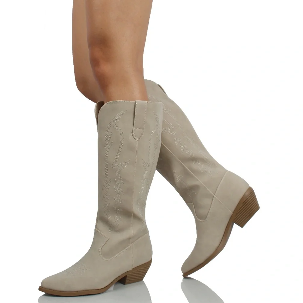 Size 8 Sand Faux Leather Stitching Cowboy Knee High Boots - Picture 1 of 6